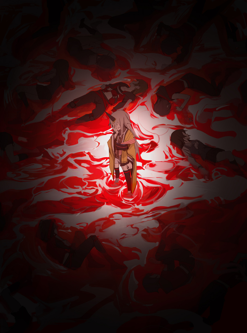 blood corpse from_above hand_on_own_face highres horns japanese_clothes kureha_yuna long_hair magia_record:_mahou_shoujo_madoka_magica_gaiden magical_girl mahou_shoujo_madoka_magica oni single_horn solo_focus surreal wuubaiwan