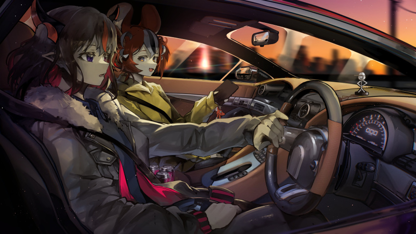 2girls absurdres alternate_costume animal_ears bangs black_jacket blue_eyes blue_shirt buttons can car car_interior collared_shirt colored_skin crossed_bangs demon_horns denim driving dyed_bangs fangs fur gradient_hair ground_vehicle hakos_baelz hands_on_lap heterochromia highres hololive hololive_english hood hooded_jacket hoodie horns irys_(hololive) jacket keychain leather leather_jacket long_hair motor_vehicle mouse_ears multicolored_hair multiple_girls nose pants parted_lips phone pointy_ears purple_hair red_eyes redhead seatbelt shirt sidelocks smile soda soda_can steering_wheel twintails violet_eyes vyragami white_skin yellow_hoodie