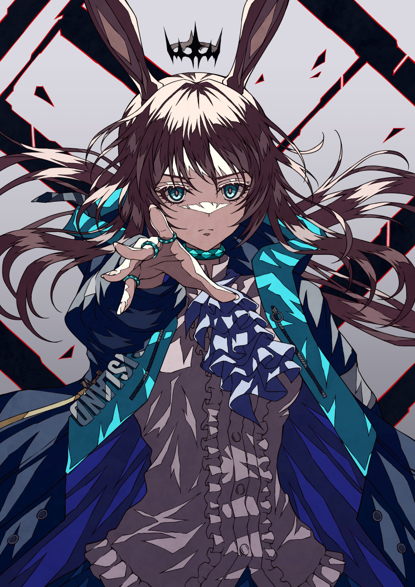 1girl absurdres amiya_(arknights) animal_ears arknights ascot blue_ascot blue_choker blue_coat blue_eyes brown_hair choker closed_mouth clothes_writing coat cowboy_shot crown eyebrows_visible_through_hair eyelashes frilled_shirt frills gradient gradient_background grey_background highres jewelry long_hair long_sleeves looking_at_viewer multiple_rings open_clothes open_coat outstretched_arm rabbit_ears ring shirt shokikanes solo v-shaped_eyebrows white_shirt