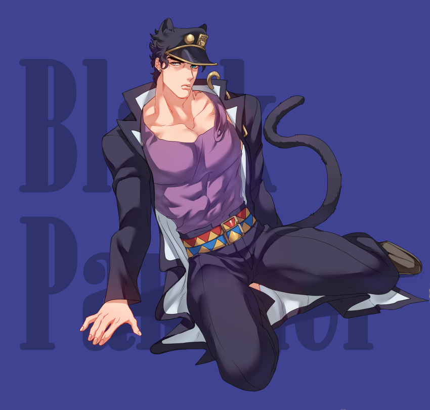 1boy animal_ears black_hair cat_ears cat_tail chain gakuran hat highres jojo_no_kimyou_na_bouken kemonomimi_mode kneeling kujo_jotaro less_end long_coat male_focus muscular muscular_male school_uniform shirt solo stardust_crusaders tail tight tight_shirt