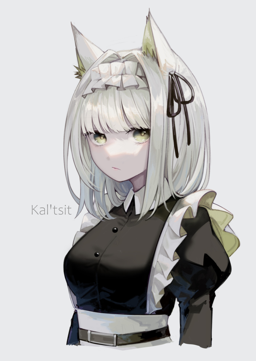 1girl absurdres alternate_costume animal_ears apron arknights black_dress black_ribbon breasts cat_ears character_name closed_mouth collared_dress commentary cropped_torso dress enmaided expressionless green_eyes grey_background hair_intakes hair_ribbon highres kal'tsit_(arknights) long_sleeves looking_at_viewer maid maid_apron maid_headdress medium_breasts medium_hair miike_(992058) puffy_long_sleeves puffy_sleeves ribbon silver_hair simple_background solo upper_body wing_collar