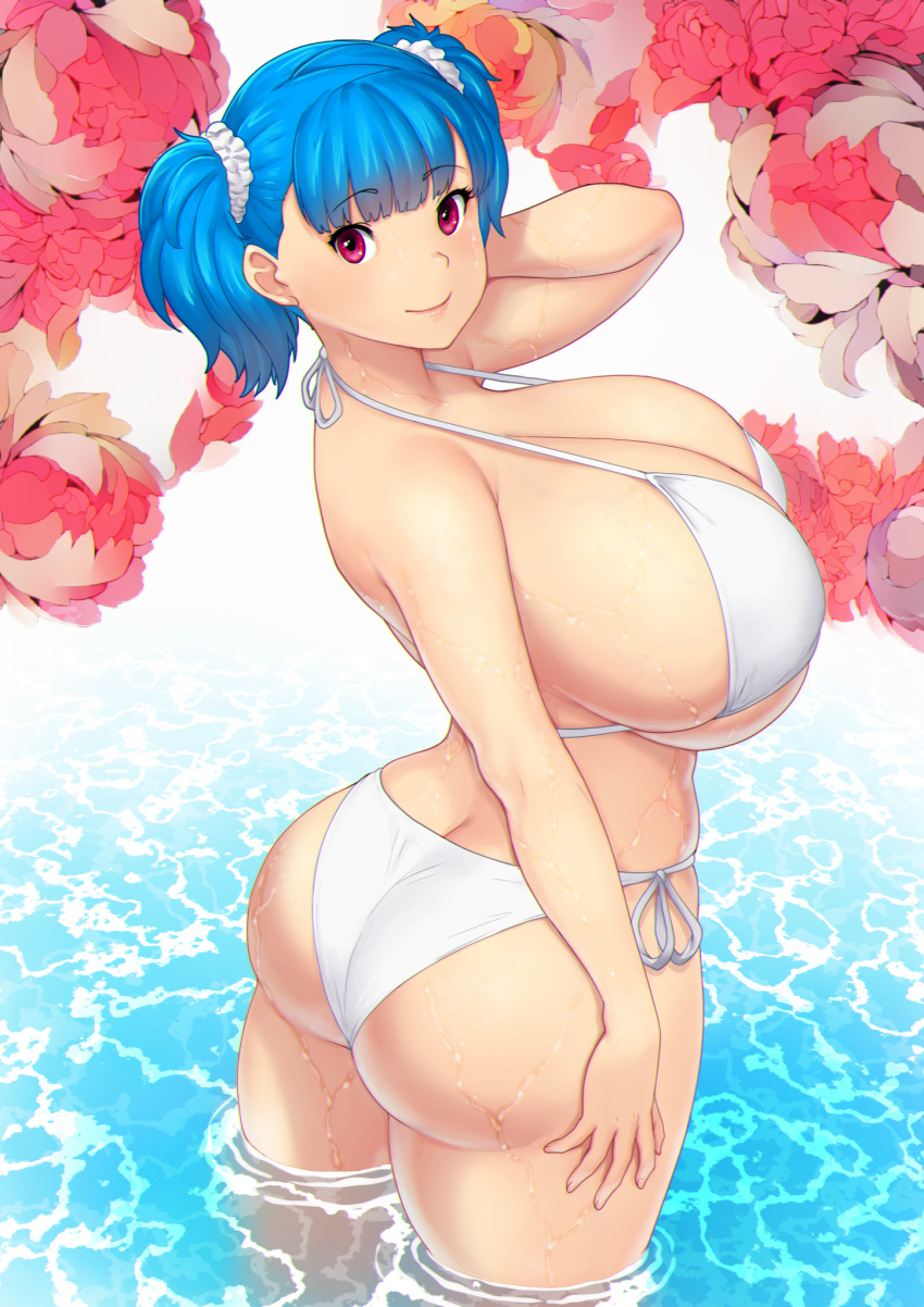 1girl ass bare_shoulders bikini blue_hair breasts butt_crack erkaz from_behind hair_ornament hair_scrunchie highres huge_breasts long_hair looking_at_viewer looking_back original red_eyes rina_atherina scrunchie shiny shiny_hair shiny_skin sideboob smile solo summer swimsuit thick_thighs thighs twintails veiny_breasts water wet