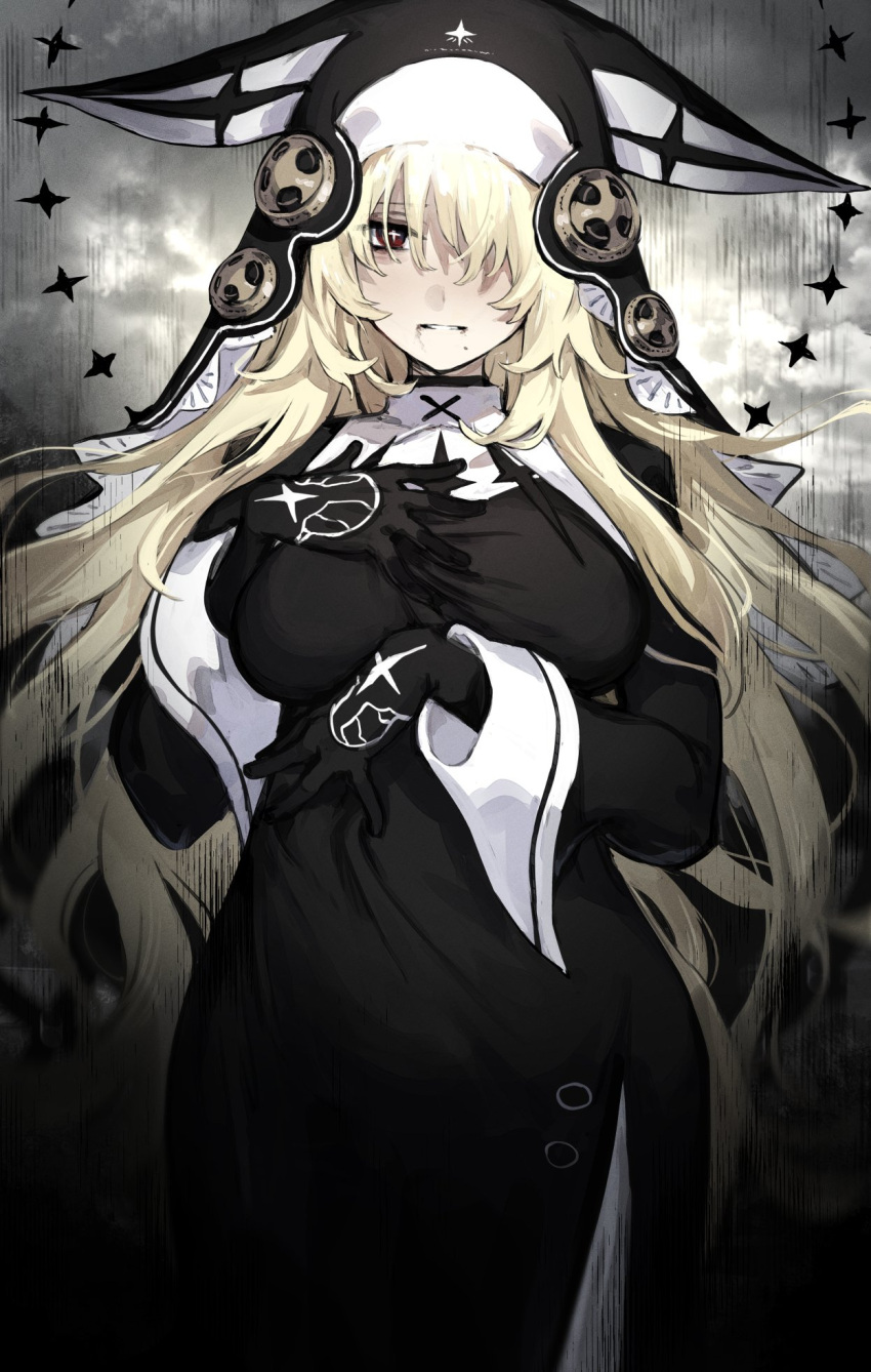 1girl black_gloves blonde_hair bright_pupils commentary cowboy_shot gloves hair_over_one_eye hand_on_own_chest headgear highres long_bangs long_sleeves looking_at_viewer mephist messy_hair mole mole_under_mouth nun original parted_lips red_eyes shaded_face shadow solo symbol-shaped_pupils taut_clothes wide_sleeves