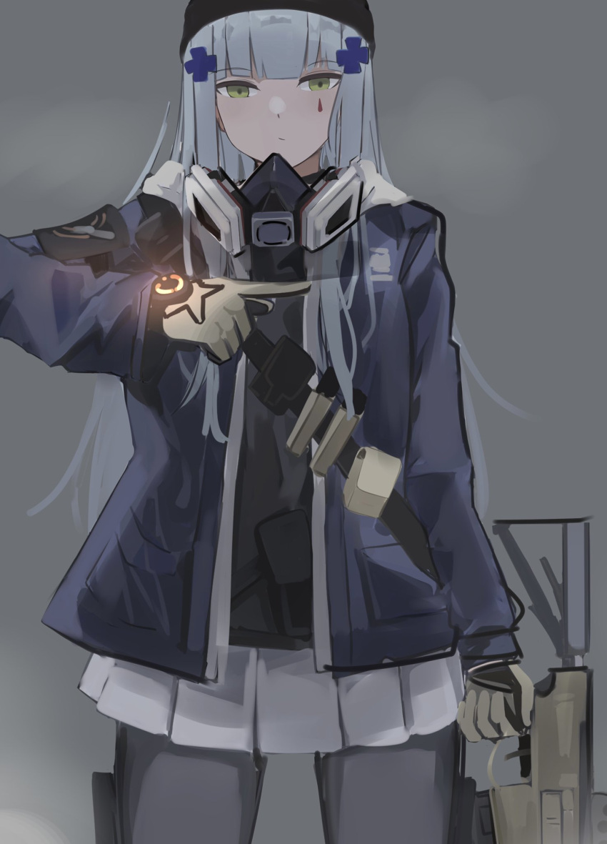 1girl blue_jacket brown_gloves chcn expressionless girls_frontline gloves green_eyes grey_hair grey_skirt highres hk416_(girls'_frontline) jacket long_hair looking_at_viewer pantyhose pointing_to_the_side respirator skirt solo