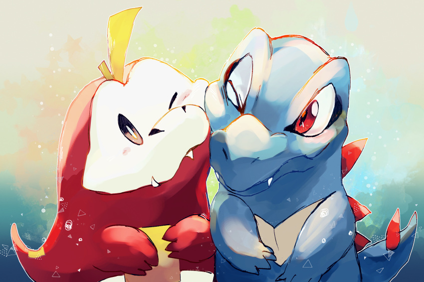 blush brown_eyes commentary_request cuddling eye_contact fangs fangs_out fuecoco highres looking_at_another no_humans one_eye_closed pokemon pokemon_(creature) red_eyes totodile yowanonatsu