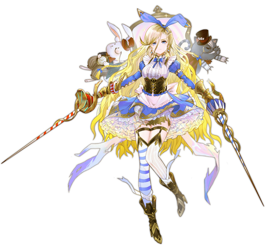 1girl alice_(ark_order) animal_ears apron ark_order asymmetrical_legwear back_bow bandaged_leg bandages blonde_hair blue_bow blue_eyes blue_skirt book boots bow bowtie braid brown_footwear cat center_frills corset crown cup dual_wielding earrings fake_animal_ears fire food frilled_skirt frills full_body garter_straps hat holding holding_sword holding_weapon horizontal_stripes jewelry juliet_sleeves long_hair long_sleeves looking_at_viewer mini_crown mismatched_legwear monocle official_art pocket_watch pppppan puffy_sleeves rabbit rabbit_ears shirt skirt solo spade_(shape) striped striped_legwear sword tachi-e thigh-highs thigh_strap top_hat transparent_background vertical-striped_legwear vertical_stripes very_long_hair watch weapon white_apron white_bow white_shirt