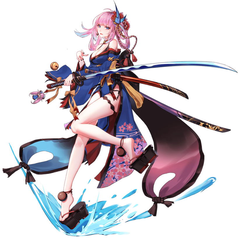 1girl anklet ark_order bare_legs black_footwear blue_eyes cloud_print feet floral_print flower hair_flower hair_ornament highres holding holding_sword holding_weapon japanese_clothes jewelry katana kimono looking_at_viewer medium_hair official_art okobo ootachi pink_hair ribbon suseri-hime_(ark_order) sword tassel thigh_ribbon transparent_background water weapon you_ni_ge_shaobing