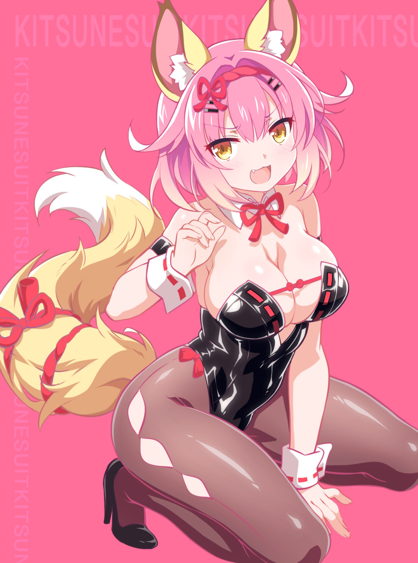 1boy absurdres animal_ear_fluff animal_ears argyle argyle_cutout black_leotard bow bowtie breasts clothing_cutout covered_navel detached_collar dutch_angle fox_ears fox_girl fox_tail highres large_breasts leotard open_mouth original pantyhose pink_hair shiny shiny_skin smile solo strapless strapless_leotard tail wanaca yellow_eyes