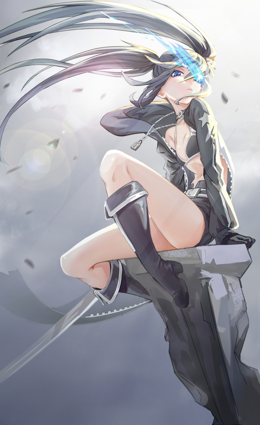 1girl absurdres arm_support arms_at_sides belt bikini bikini_top_only black_bikini black_footwear black_gloves black_hair black_jacket black_rock_shooter black_rock_shooter_(character) black_shorts blue_eyes choker flaming_eye floating_hair from_side gloves highres hood hooded_jacket jacket jewelry knee_up kneehighs long_hair long_sleeves looking_at_viewer looking_down looking_to_the_side necklace overcast parted_lips pendant shorts sidelocks sitting solo sunlight swimsuit theleopardcat twintails unzipped weapon wind