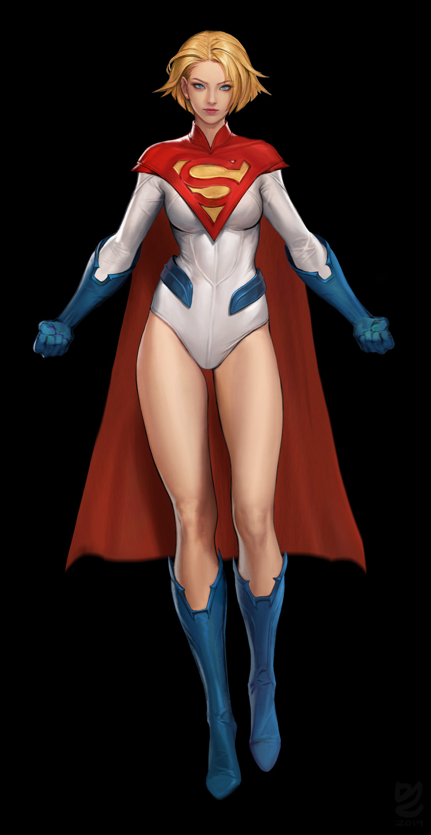1girl absurdres alternate_costume artist_request bangs black_background blonde_hair blue_eyes blue_footwear blue_gloves boots breasts cape clenched_hands closed_mouth dc_comics elbow_gloves full_body gloves highres knee_boots leotard lips logo long_sleeves looking_at_viewer medium_breasts power_girl red_cape shiny shiny_hair short_hair simple_background solo superman_(series) white_leotard