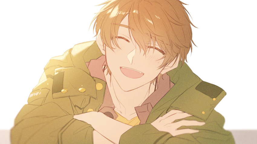 1boy :d bangs brown_hair close-up closed_eyes green_jacket highres jacket koeda_(k83_4) long_sleeves luke_pearce_(tears_of_themis) open_mouth shirt short_hair simple_background smile solo tears_of_themis white_background yellow_shirt
