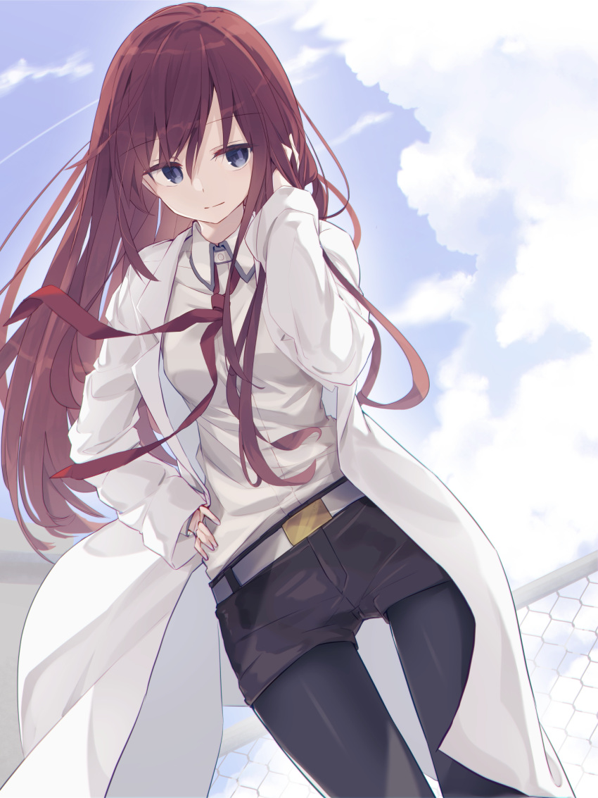 1girl bangs belt black_legwear black_shorts blue_eyes chain-link_fence clouds cloudy_sky commentary_request cowboy_shot day dress_shirt fence highres labcoat long_hair looking_at_viewer makise_kurisu necktie pantyhose playing_with_own_hair rb2 red_necktie red_neckwear redhead shirt shorts sky smile solo steins;gate white_shirt wind
