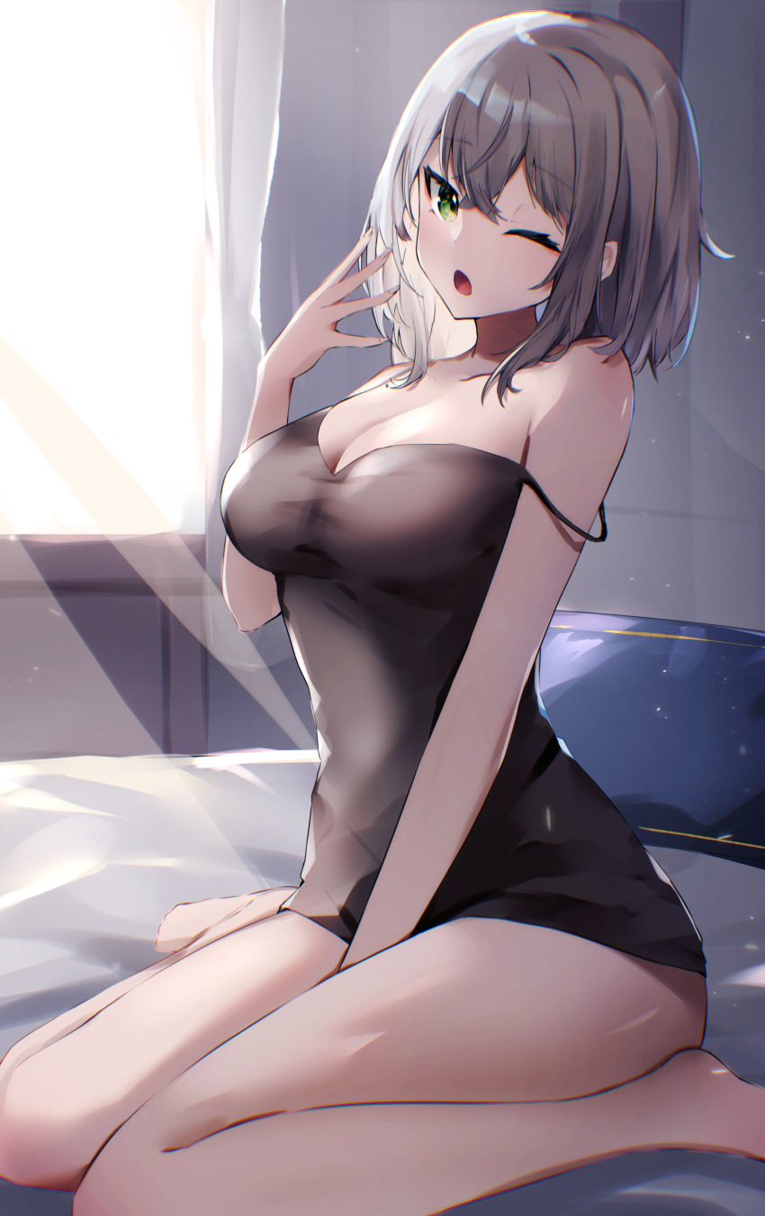 1girl absurdres bangs bare_legs between_legs black_dress breasts commentary_request curtains dress eyebrows_visible_through_hair green_eyes hand_between_legs highres hololive indoors large_breasts looking_at_viewer medium_hair nanashinayuzu_mochi on_bed one_eye_closed open_mouth shirogane_noel silver_hair sitting sitting_on_bed solo strap_slip virtual_youtuber wariza yawning