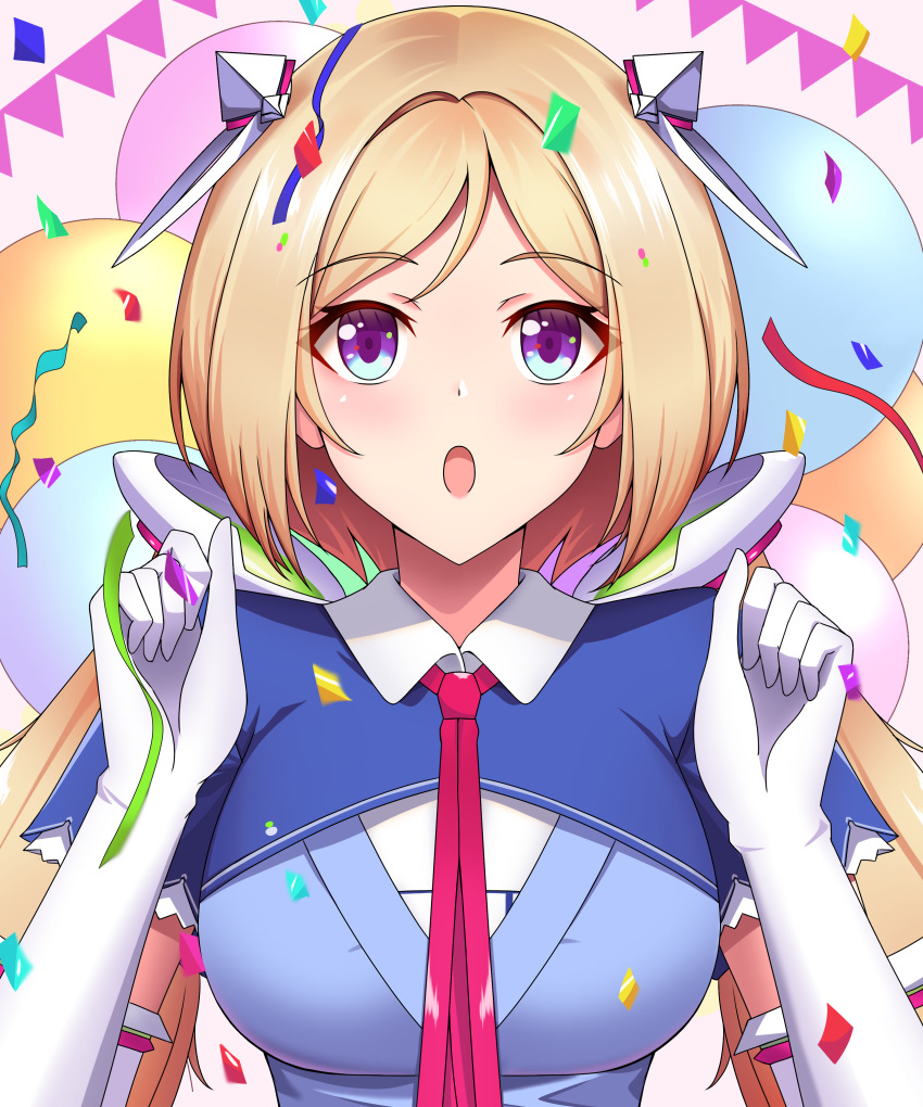 1girl absurdres aki_rosenthal balloon bangs birthday blonde_hair blue_dress blue_eyes blue_jacket confetti detached_hair dress elbow_gloves eyebrows_visible_through_hair gloves headgear highres hololive jacket long_hair looking_at_viewer low_twintails open_mouth overskirt parted_bangs sei_joshikou short_hair short_sleeves shrug_(clothing) solo twintails upper_body violet_eyes virtual_youtuber white_dress white_gloves