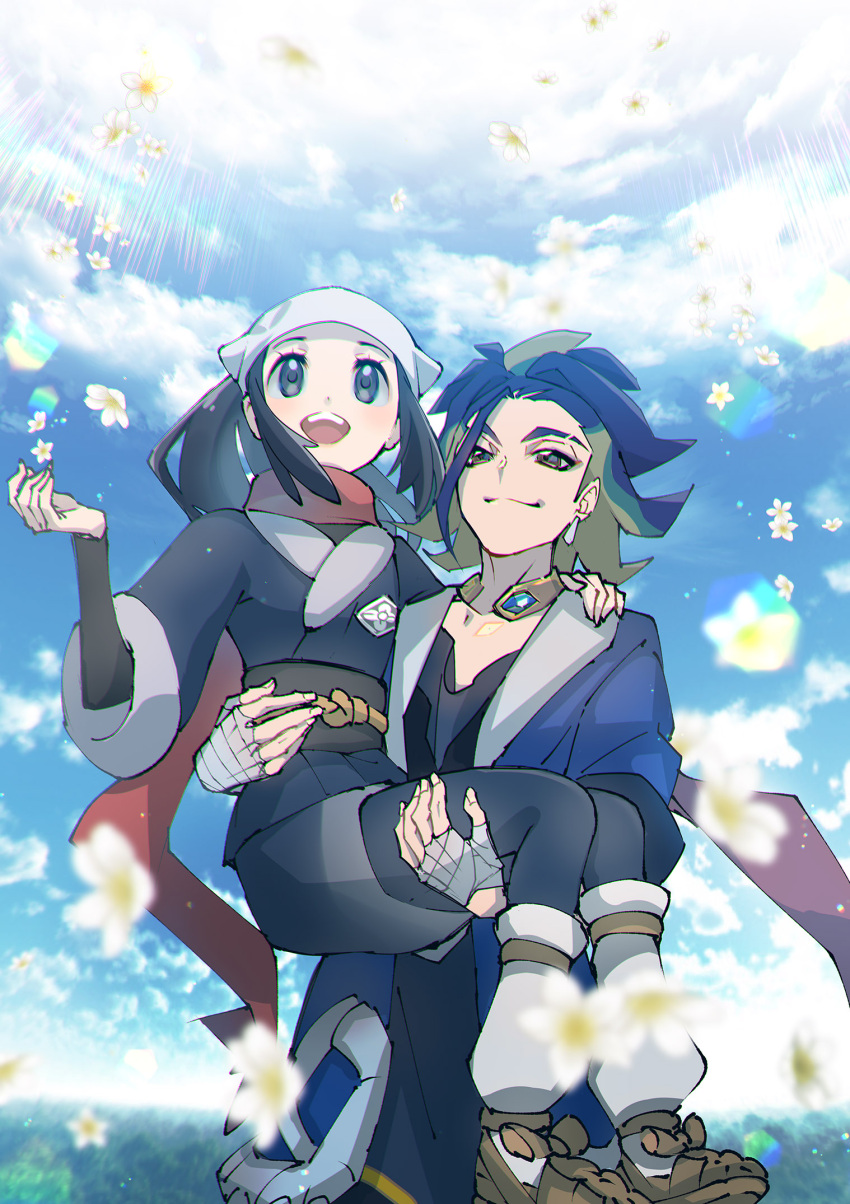 1boy 1girl :d adaman_(pokemon) akari_(pokemon) black_hair black_shirt blue_coat blue_hair brown_footwear carrying closed_mouth clouds coat collar commentary_request day earrings eyelashes flower green_hair grey_eyes grey_jacket head_scarf highres jacket jewelry long_hair loose_socks mitsuha_(bless_blessing) multicolored_hair open_clothes open_coat open_mouth outdoors pantyhose pokemon pokemon_(game) pokemon_legends:_arceus ponytail princess_carry red_scarf scarf shirt shoes sidelocks skirt sky smile teeth tongue upper_teeth white_flower white_headwear white_legwear