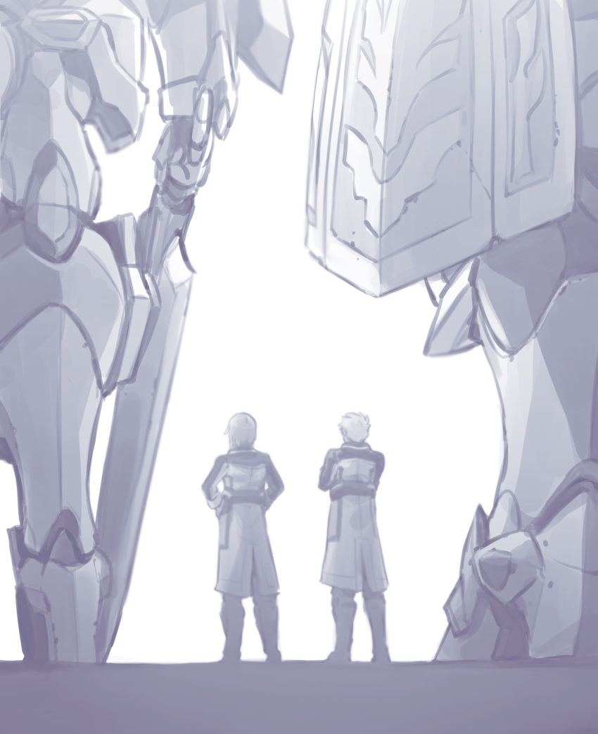 2boys absurdres aldirat crossed_arms dietrich_knitz edgar_c._blanche from_behind greyscale guair_custom hands_on_hips highres holding holding_sword holding_weapon ishiyumi jacket knight's_&amp;_magic mecha monochrome multiple_boys sword weapon white_background