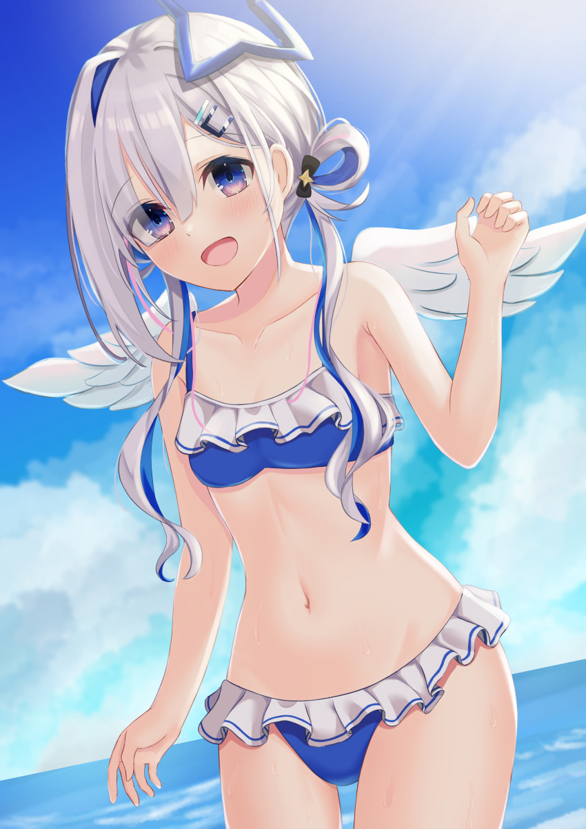 1girl :d absurdres aki1462 alternate_costume amane_kanata angel_wings asymmetrical_hair bikini blue_bikini blue_hair blue_sky blush breasts collarbone colored_inner_hair commentary cowboy_shot day eyebrows_visible_through_hair eyes_visible_through_hair frilled_bikini frills hair_between_eyes hair_ornament hair_rings hairclip halo highres hololive long_hair looking_at_viewer multicolored_hair navel ocean open_mouth outdoors pink_hair silver_hair single_hair_intake sky small_breasts smile solo standing stomach streaked_hair sweat swimsuit twintails violet_eyes virtual_youtuber wings
