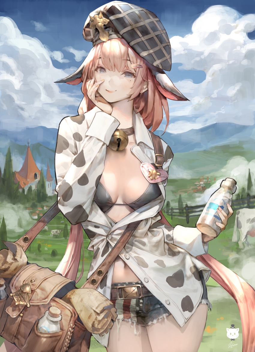 1girl absurdres animal_ears animal_print bag bangs bell bikini black_bikini blue_eyes bottle breasts brown_choker choker closed_mouth collared_shirt commentary cow_ears cow_print day english_commentary extra_ears hair_ornament hairclip hat highres holding holding_bottle jingle_bell jung_wonjo large_breasts long_sleeves mole mole_under_eye navel neck_bell open_clothes open_shirt original outdoors partially_unbuttoned pink_hair print_shirt shirt short_shorts shorts shoulder_bag signature smile solo string_bikini swimsuit