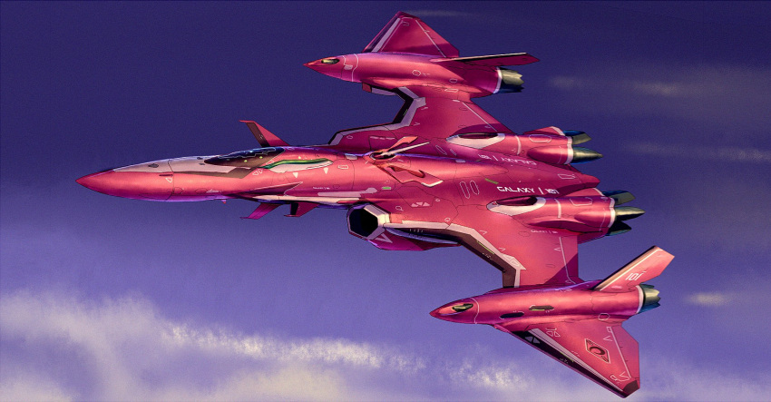 aircraft airplane asterozoa character_name clouds fighter_jet highres jet macross macross_frontier mecha military military_vehicle no_humans science_fiction sky solo thrusters variable_fighter vf-27