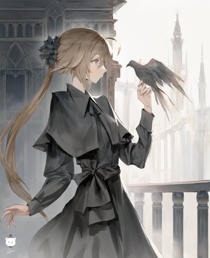 1girl absurdres ahoge bangs bird bird_on_hand black_capelet black_dress blue_eyes brown_hair building capelet closed_mouth commentary dress english_commentary from_side hand_up highres jung_wonjo long_hair long_sleeves looking_at_animal original outdoors ponytail profile signature solo very_long_hair
