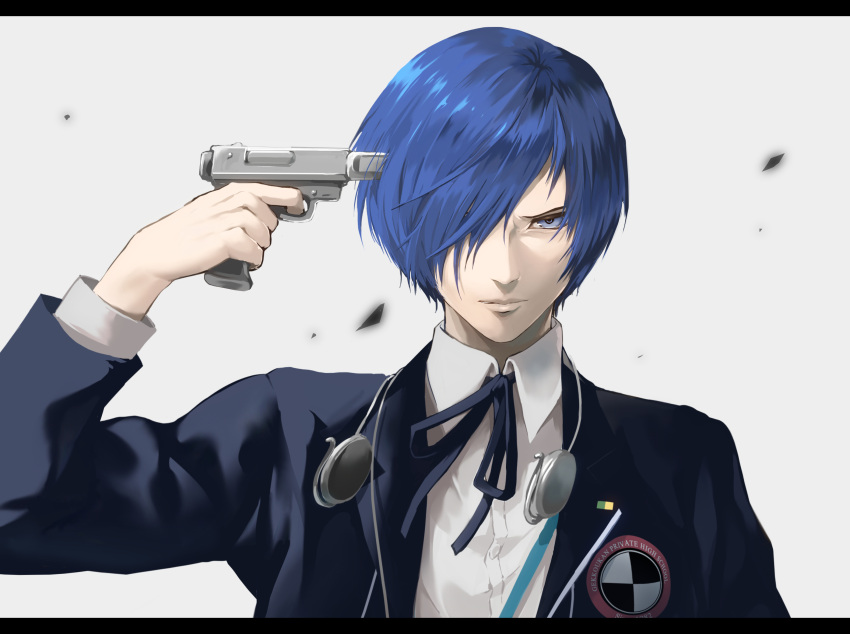 1boy black_jacket black_ribbon blue_hair collared_shirt dress_shirt earphones gekkoukan_high_school_uniform grey_background grey_eyes gun hair_over_one_eye handgun highres holding holding_gun holding_weapon igusaharu jacket long_sleeves looking_at_viewer male_focus neck_ribbon open_clothes open_jacket persona persona_3 ribbon school_uniform shiny shiny_hair shirt short_hair solo weapon white_shirt wing_collar yuuki_makoto