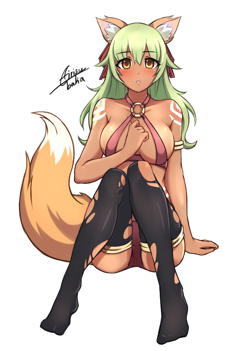 1girl absurdres airisubaka animal_ears arm_support artist_name bare_shoulders black_legwear blush borrowed_character breasts brown_eyes collarbone commission dark-skinned_female dark_skin eyebrows_visible_through_hair fox_ears fox_girl fox_tail full_body green_hair halter_top halterneck highres large_breasts long_hair looking_at_viewer o-ring o-ring_top original parted_lips signature sitting solo tail thigh-highs torn_clothes torn_legwear