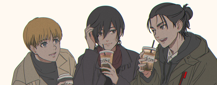 1girl 2boys :d armin_arlert beige_background black_hair blonde_hair boots brown_legwear casual coffee contemporary copyright_name cropped cup disposable_cup drinking_straw eren_yeager green_jacket grey_eyes grey_jacket hair_between_eyes hand_up highres holding holding_cup hood hoodie invisible_chair jacket knee_boots looking_at_another macaronk mikasa_ackerman multiple_boys pants red_scarf scarf shingeki_no_kyojin short_hair simple_background sitting smile