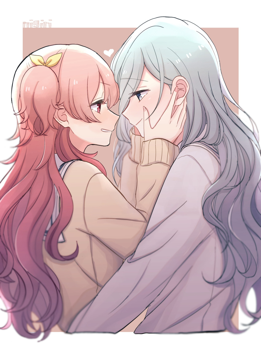 2girls absurdres blue_hair doraimon0312 hand_on_another's_cheek hand_on_another's_face highres hinomori_shizuku imminent_kiss long_hair long_sleeves looking_at_another momoi_airi multiple_girls pink_hair project_sekai smile yuri