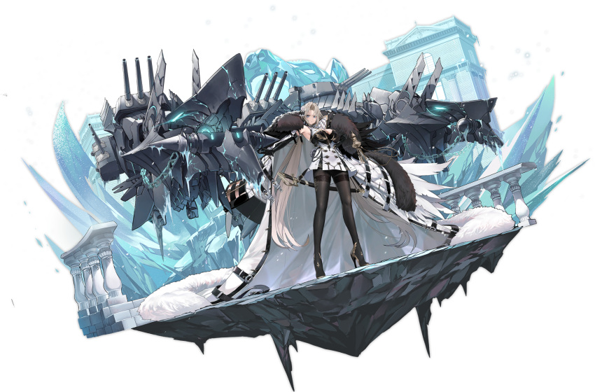 1girl armpits azur_lane bangs blonde_hair blue_eyes breasts clenched_hand coat coat_on_shoulders dishwasher1910 dress elbow_gloves full_body fur_trim gloves gold_trim hair_ornament high_heels highres kronshtadt_(azur_lane) large_breasts long_hair looking_at_viewer machinery mole mole_on_breast official_art pantyhose short_dress standing sword transparent_background turret very_long_hair weapon