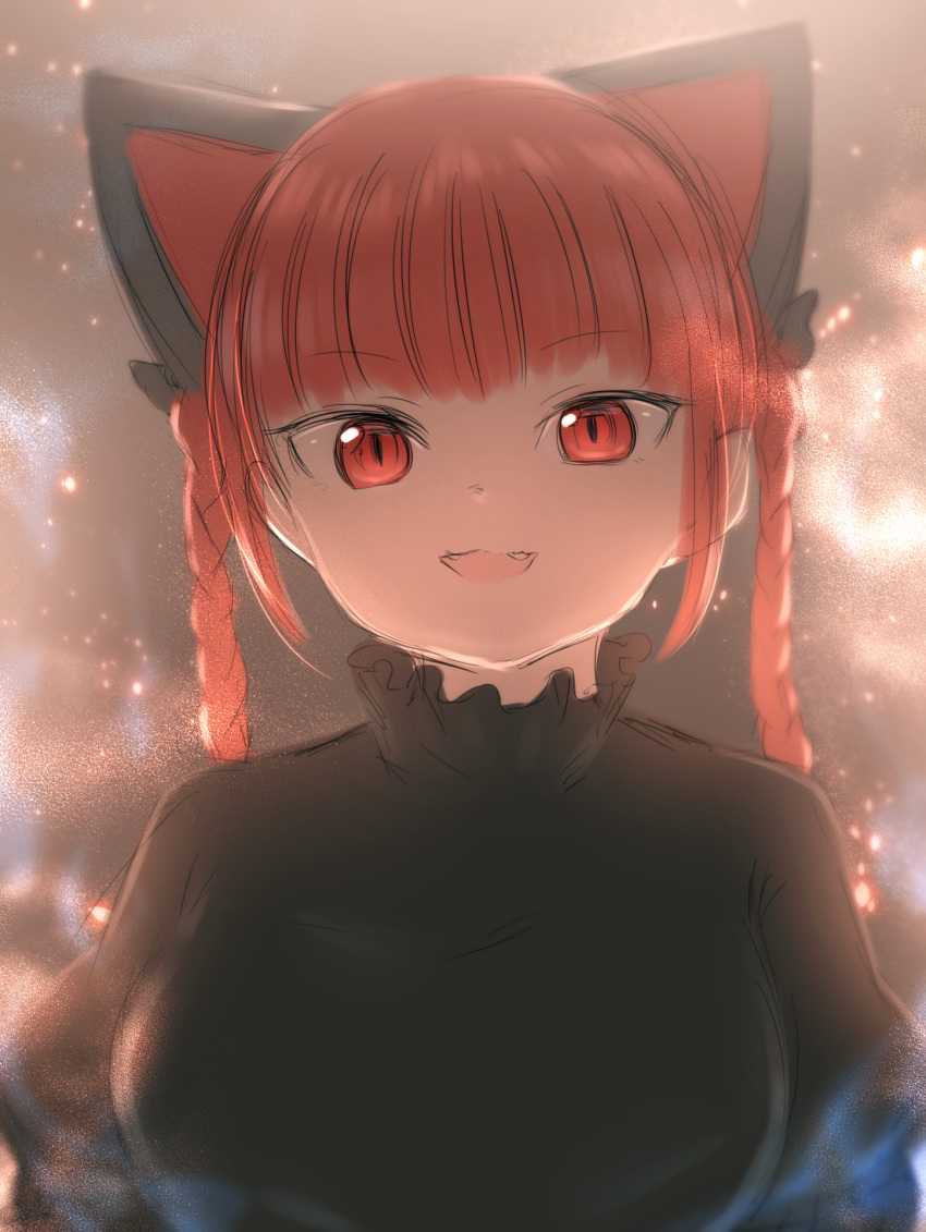 1girl :d animal_ears bangs black_bow bloom blunt_bangs bow braid breasts cat_ears dress extra_ears eyebrows_visible_through_hair fangs frills green_dress grey_background hair_bow highres juliet_sleeves kaenbyou_rin light_particles long_hair long_sleeves medium_breasts niwaniwatori open_mouth pointy_ears puffy_sleeves red_eyes redhead simple_background slit_pupils smile solo touhou twin_braids twintails upper_body