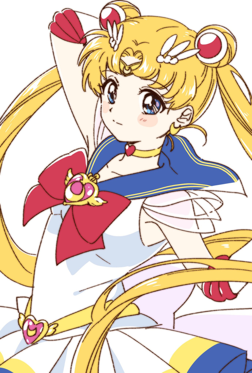 1girl bishoujo_senshi_sailor_moon blonde_hair blue_eyes blue_sailor_collar choker highres jewelry long_hair looking_at_viewer magical_girl namori sailor_collar sailor_moon sailor_senshi_uniform simple_background solo twintails white_background