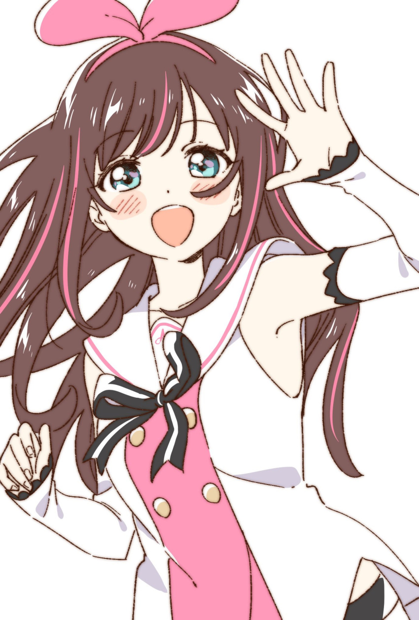 1girl brown_hair hairband highres kizuna_ai kizuna_ai_inc. lace-trimmed_sleeves lace_trim long_hair looking_at_viewer multicolored_hair namori open_mouth pink_hairband simple_background smile solo streaked_hair virtual_youtuber white_background