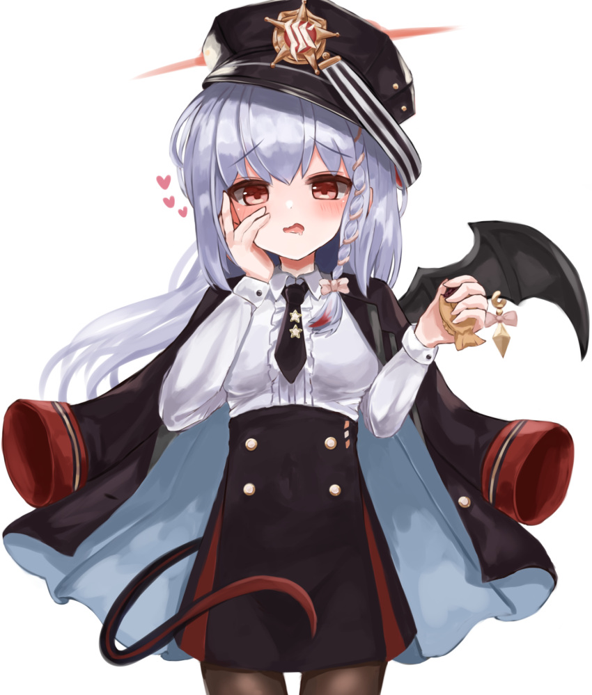 1girl black_headwear black_jacket black_legwear black_necktie black_skirt black_wings blue_archive blush bow braid collared_shirt cowboy_shot demon_tail demon_wings drooling eyebrows_visible_through_hair food frilled_shirt frills hair_bow hand_on_own_cheek hand_on_own_face haruna_(blue_archive) hat heart high-waist_skirt highres holding holding_food jacket jacket_on_shoulders long_hair long_sleeves looking_at_viewer military_hat necktie open_clothes open_jacket pantyhose red_eyes shirt silver_hair simple_background single_braid single_wing skirt solo sui2000 tail taiyaki wagashi white_background white_shirt wings