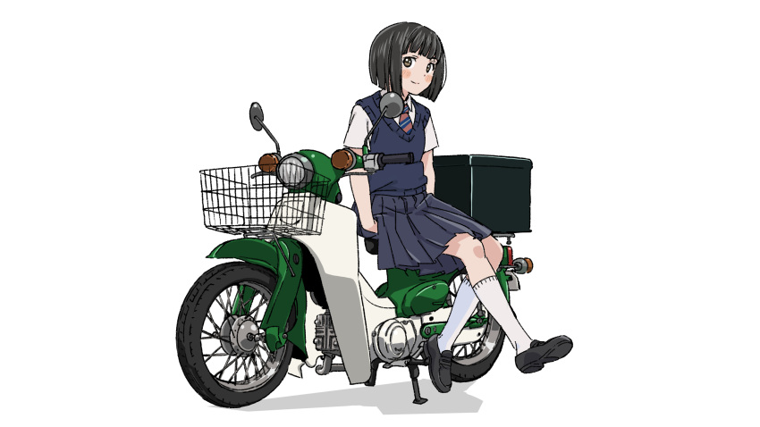 1girl black_hair blush bob_cut brown_eyes ground_vehicle highres honda_super_cub kneehighs koguma_(super_cub) motor_vehicle necktie school_uniform scooter short_hair sitting smile solo super_cub sweater_vest white_background white_legwear yatagarasu_p