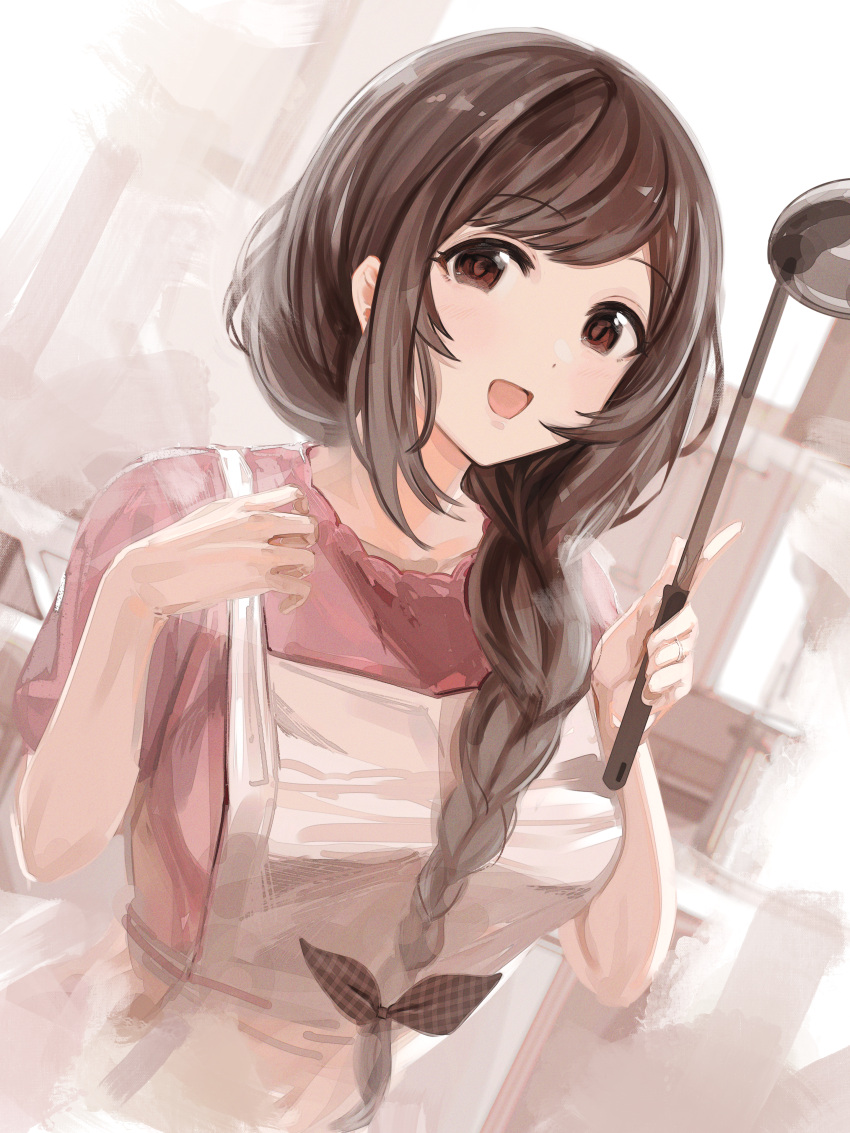 1girl :d absurdres apron bangs bow braid braided_ponytail breasts brown_eyes brown_hair commentary dutch_angle eyebrows_visible_through_hair eyelashes hair_bow hair_over_shoulder hands_up highres holding holding_ladle idolmaster idolmaster_shiny_colors indoors jewelry karya ladle large_breasts long_hair looking_at_viewer open_mouth pink_shirt ring shiny shiny_hair shirt short_sleeves sidelocks smile solo swept_bangs tareme tsukioka_kogane upper_body wedding_band white_apron