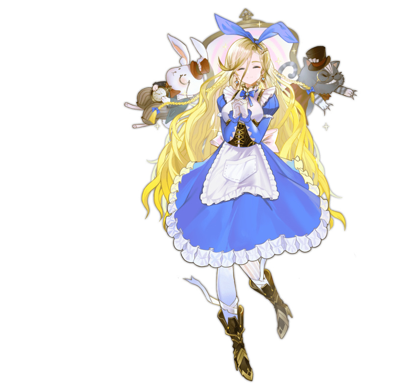 1girl alice_(ark_order) animal_ears apron ark_order asymmetrical_legwear back_bow bandaged_leg bandages blonde_hair blue_bow blue_dress book boots bow bowtie braid brown_footwear cat center_frills closed_eyes closed_mouth corset crown cup dress dual_wielding earrings fake_animal_ears fire food frilled_dress frills full_body hat holding holding_sword holding_weapon horizontal_stripes jewelry juliet_sleeves long_hair long_sleeves mini_crown mismatched_legwear monocle official_art pocket_watch pppppan puffy_sleeves rabbit rabbit_ears shirt skirt smile solo spade_(shape) striped striped_legwear sword tachi-e top_hat transparent_background vertical-striped_legwear vertical_stripes very_long_hair watch weapon white_apron white_bow white_shirt