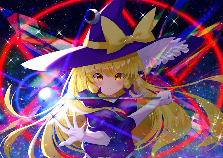 1girl abstract_background absurdres bangs blonde_hair blush bow closed_mouth commentary_request crescent crescent_hat_ornament crossed_arms dress gloves happy hat hat_bow hat_ornament highres holding kirisame_marisa kirisame_marisa_(pc-98) long_hair long_sleeves looking_at_viewer nettian51 phantasmagoria_of_dim.dream purple_dress purple_headwear sash shiny smile touhou touhou_(pc-98) upper_body very_long_hair wand white_gloves white_sash witch witch_hat yellow_bow yellow_eyes