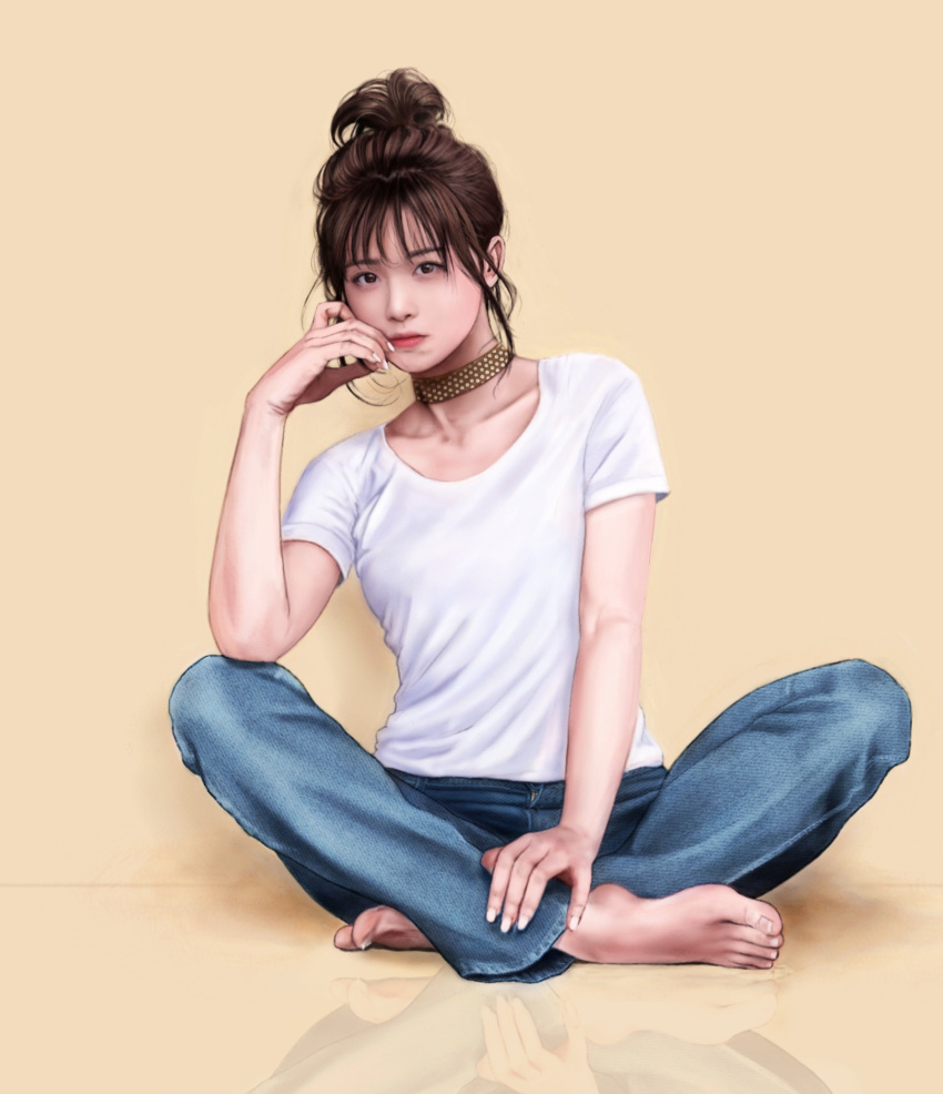 1girl barefoot brown_hair choker denim head_on_hand highres indian_style jeans leaning_to_the_side looking_at_viewer original pacts_with_satan pants realistic serious shirt sitting t-shirt tied_hair toes white_shirt