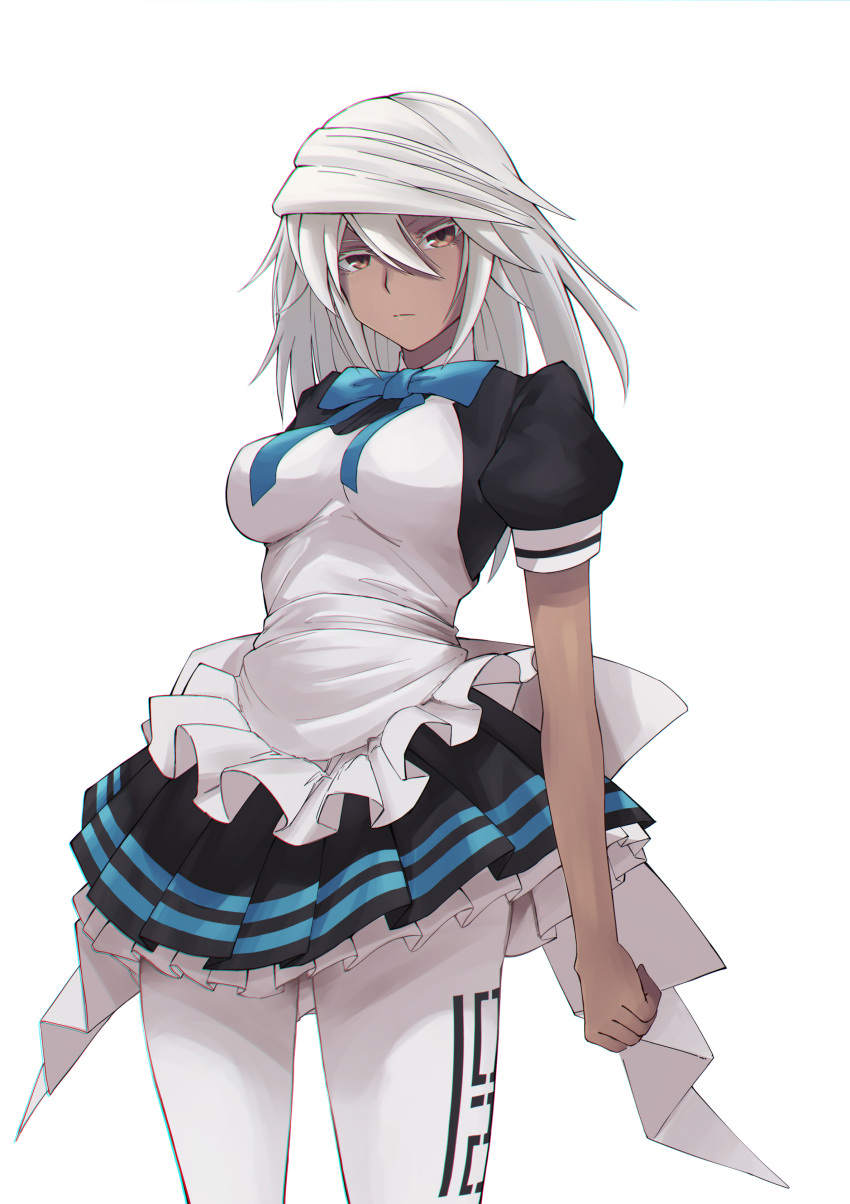 1girl absurdres apron blue_archive blue_ribbon brown_eyes clothes_lift cosplay dark_skin execneet frilled_apron frilled_skirt frills guilty_gear guilty_gear_strive hair_between_eyes highres karin_(blue_archive) karin_(blue_archive)_(cosplay) long_hair maid maid_headdress neck_ribbon pantyhose platinum_blonde_hair puffy_sleeves ramlethal_valentine ribbon skirt skirt_lift solo white_legwear