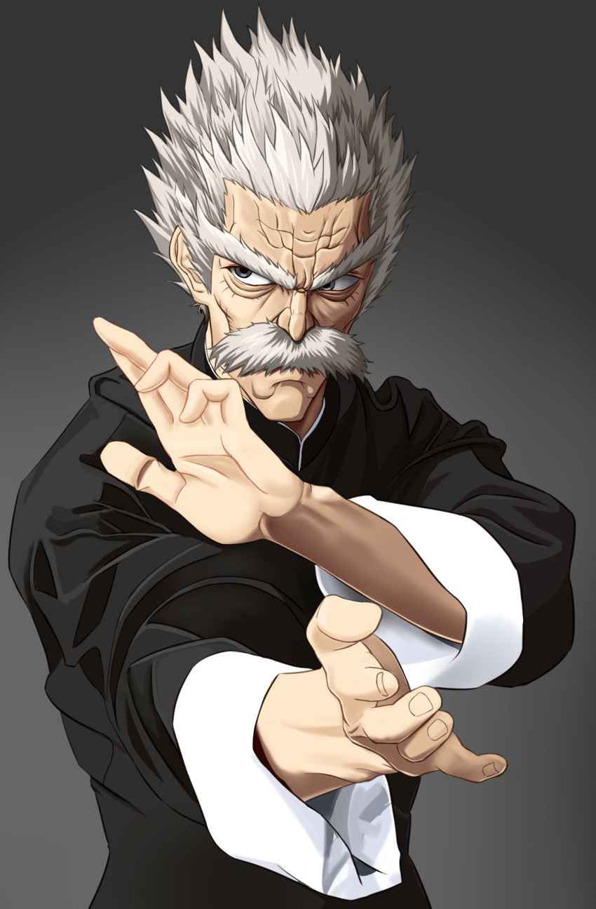 1boy bang_(one-punch_man) black_background facial_hair fighting_stance grey_background grey_eyes grey_hair highres long_sleeves manly mustache old old_man one-punch_man shirt short_hair solo taka_(takahirokun) white_hair