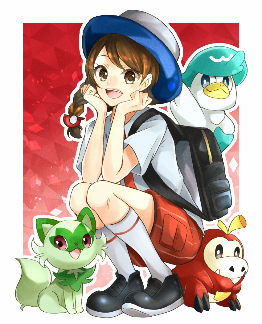 1girl :d backpack bag bangs black_bag black_footwear border braid brown_eyes brown_hair commentary_request eyelashes female_protagonist_(pokemon_sv) fuecoco gen_9_pokemon grey_headwear hands_up hat highres kneehighs long_hair looking_at_viewer open_mouth orange_shorts pokemon pokemon_(creature) pokemon_(game) pokemon_sv quaxly shirt shoes short_sleeves shorts single_braid smile sprigatito squatting starter_pokemon_trio teeth tongue upper_teeth white_border yomogi_(black-elf)