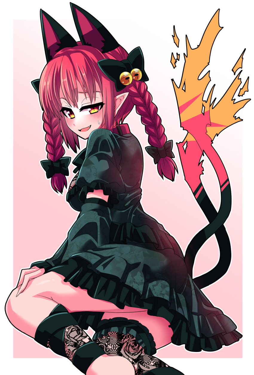 1girl :d adapted_costume animal_ears arm_warmers ass bell black_bow border bow braid breasts cat_ears cat_tail extra_ears eyebrows_behind_hair fang feet_out_of_frame fiery_tail green_ribbon hair_bell hair_bow hair_ornament hair_ribbon highres jingle_bell kaenbyou_rin leg_ribbon long_hair lying medium_breasts multiple_tails nekomata on_side open_mouth orange_eyes outside_border pink_background pointy_ears puffy_short_sleeves puffy_sleeves red_eyes redhead ribbon short_sleeves simple_background sitting sleeves_past_wrists smile solo tail tanakara touhou tress_ribbon twin_braids twintails two_tails white_border yokozuwari