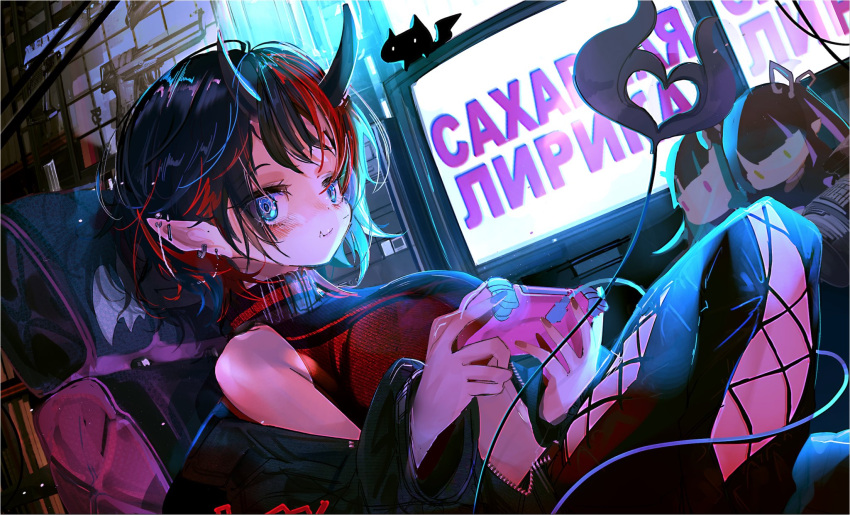 1girl bangs black_hair black_jacket black_pants black_sports_bra blue_eyes blush breasts chair character_doll commentary_request controller copyright_name cross-laced_pants demon_girl demon_horns demon_tail ear_piercing game_controller highres holding holding_controller holding_game_controller horns indoors jacket kojo_anna large_breasts looking_at_viewer monitor multicolored_hair off_shoulder pants piercing pointy_ears red_sports_bra redhead russian_text ryugasaki_rene screen_light shishio_chris short_hair solo sports_bra sugar_lyric tail tokikosann two-tone_hair virtual_youtuber