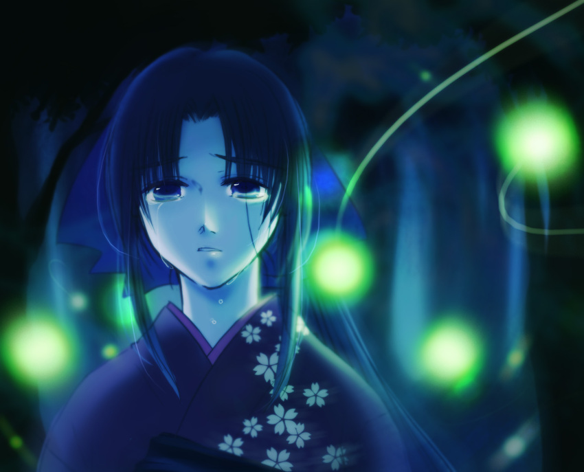 blue_eyes blue_hair blue_ribbon female japanese_clothes kamiya_kaoru kimono long_hair ribbon rurouni_kenshin sayaka_(artist) solo tears