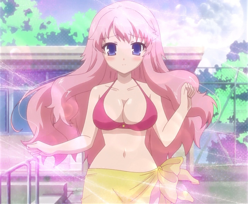 baka_to_test_to_shoukanjuu bikini blush bra breasts cap himeji_mizuki long_hair pink_hair solo swimsuit