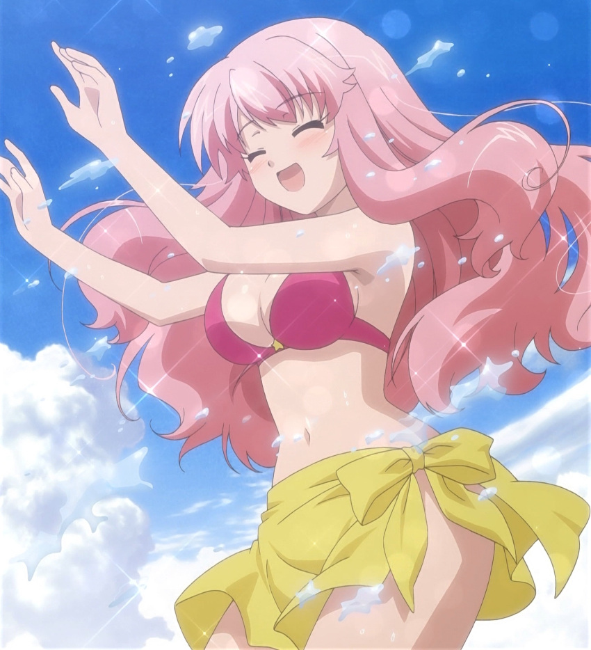baka_to_test_to_shoukanjuu bikini blush bra breasts cap himeji_mizuki long_hair pink_hair smile solo swimsuit