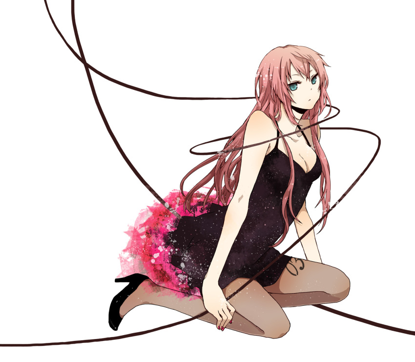 breasts buzz cleavage dress high_heels highres kneeling legs long_hair megurine_luka pantyhose pink_hair shoes vocaloid