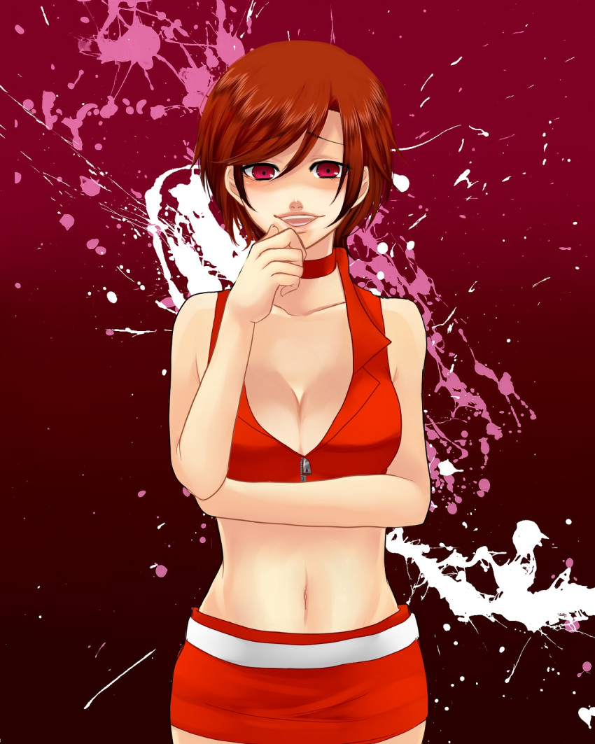 bare_shoulders breasts brown_hair choker cleavage highres meiko midriff navel nez-doll red_eyes short_hair skirt solo vocaloid yandere zipper