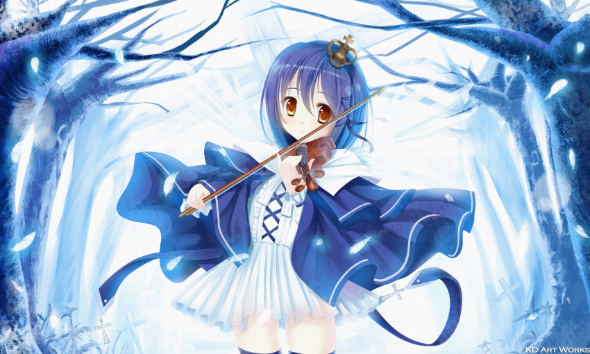 blue_hair caidychen crown dress music orange_eyes violin