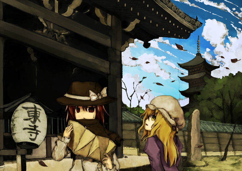 blonde_hair bow brown_eyes brown_hair hat japan kyoto lantern leaf long_hair maribel_hearn multiple_girls pagoda paper_lantern real_world_location scarf tokoroten_(hmmuk) touhou tree usami_renko yellow_eyes